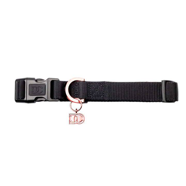 Black Pet Collar with stylish DC logo in rose gold