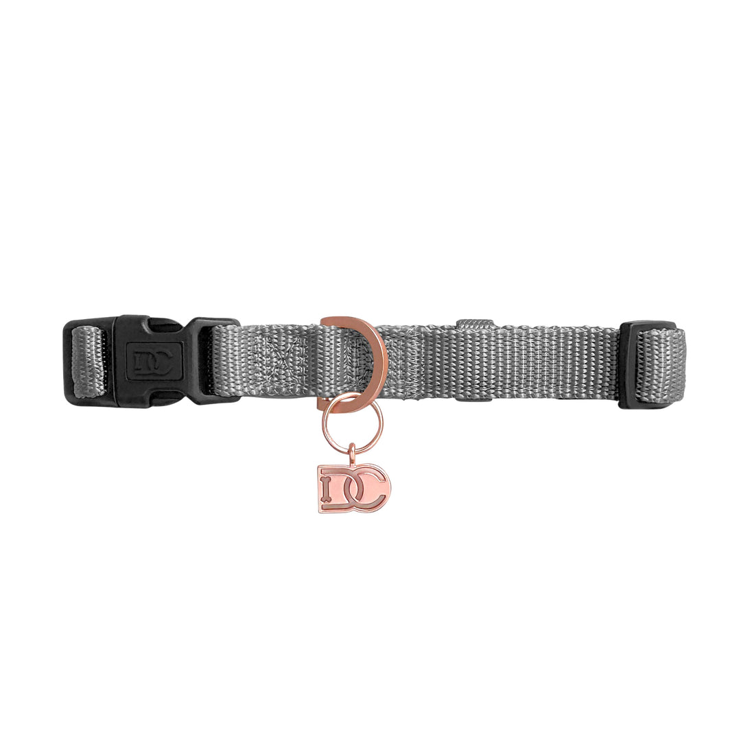 Steel Gray Pet Collar with stylish DC logo in rose gold