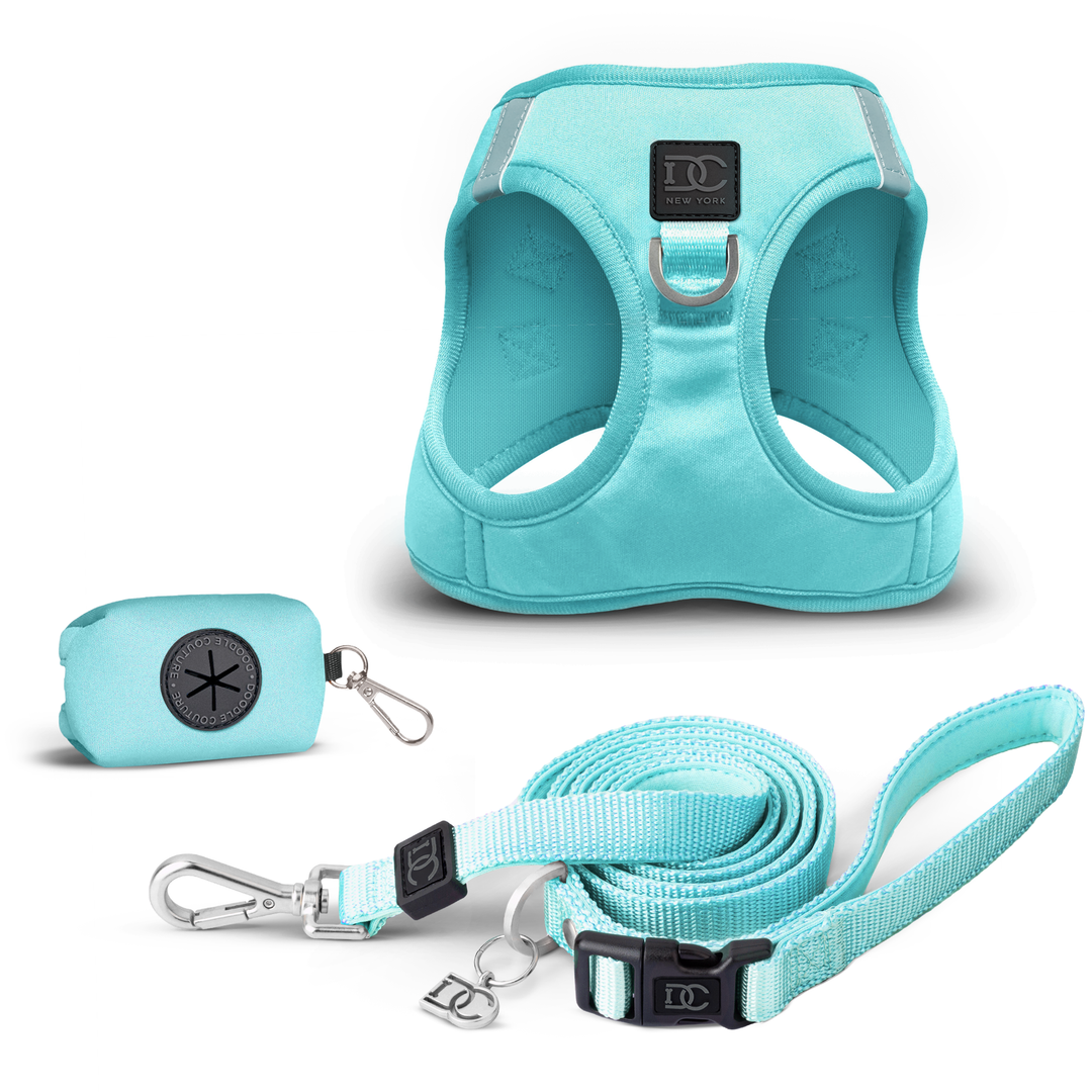 Teal blue dog walking set with no pull step in harness, hands free leash and poop waste bag holder #color_fifth_avenue_blue