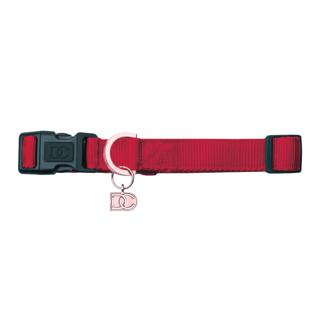 Chic red pet collar featuring matte rose gold DC logo charm #color_red