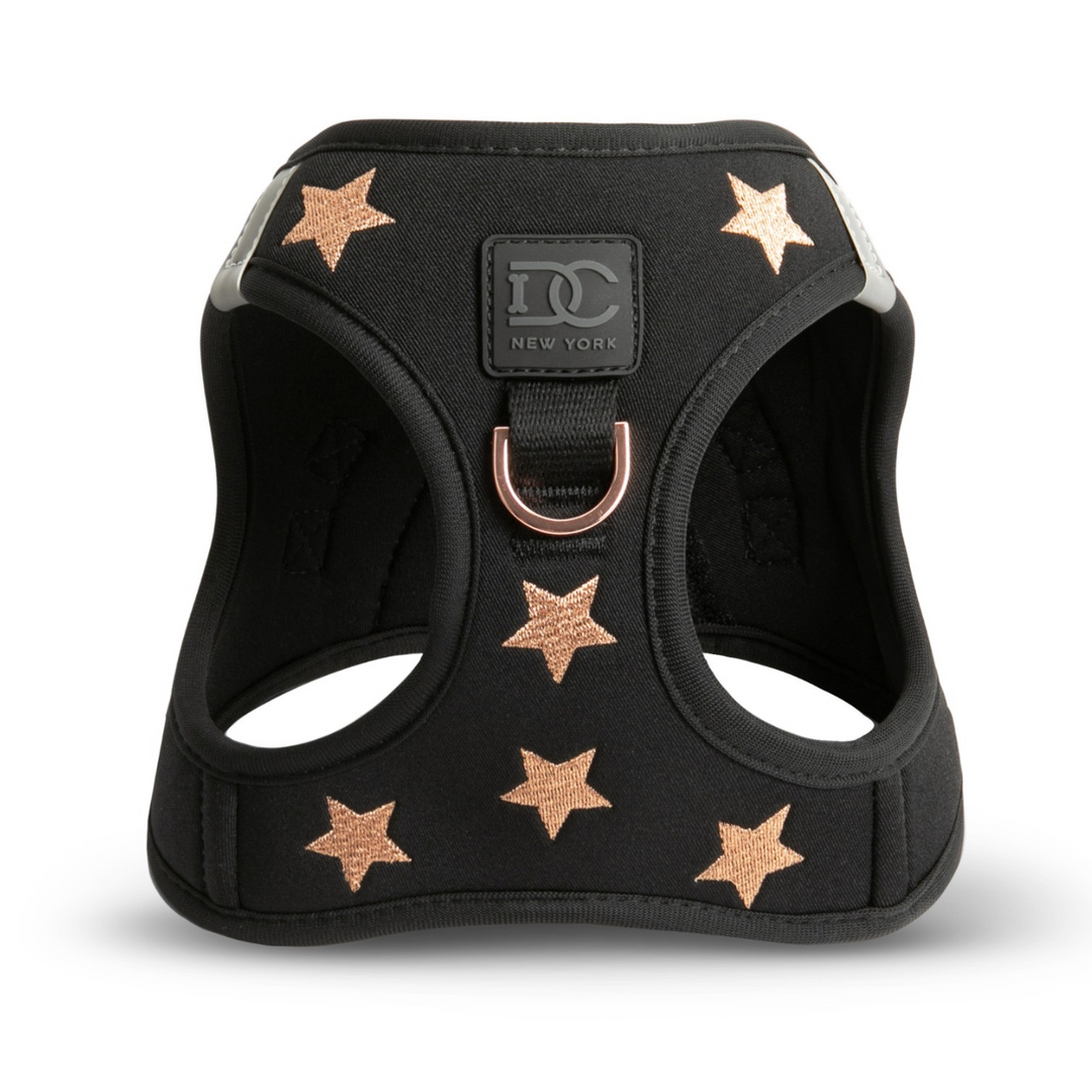 Sleek black Step-In Dog Harness featuring elegant rose gold star design #color_embroidered_rockstar