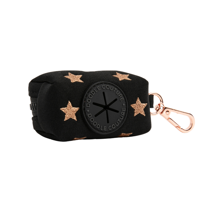 Stylish black waste poop bag dispenser adorned with gold stars, perfect for dogs and puppies #color_embroidered_rockstar