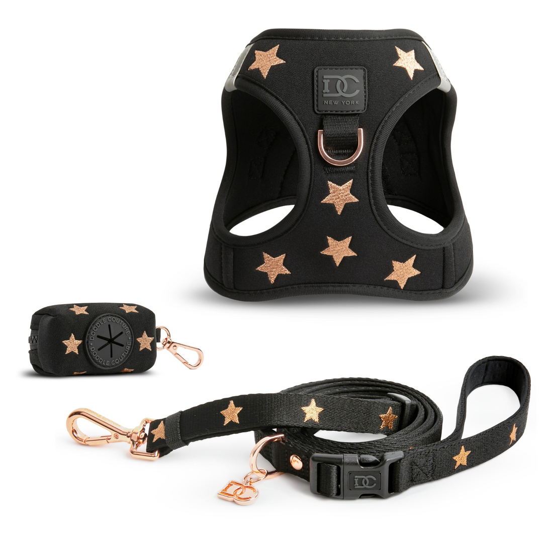 Luxurious Ultra-Luxe Dog Walking Set, Black stretch twill fabric adorned with rose gold stars, Step-In No-Pull Harness, adjustable Stay-In-Place Leash, and stylish Embroidered Poop Waste Bag Dispenser and Holder #color_embroidered_rockstar