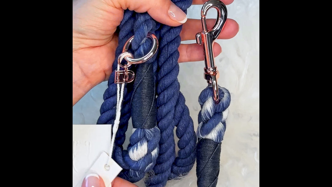 Rope Dog Leash - Blue with Rose Gold & Charm